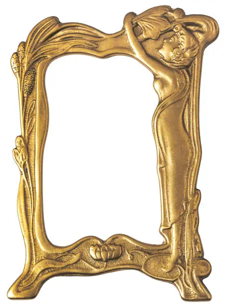 Old bronze photo frame in art Nouveau style shot on a white background
