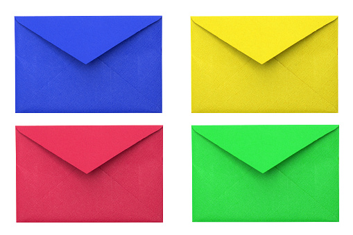 Colored envelopes on a white background. Paper envelopes.