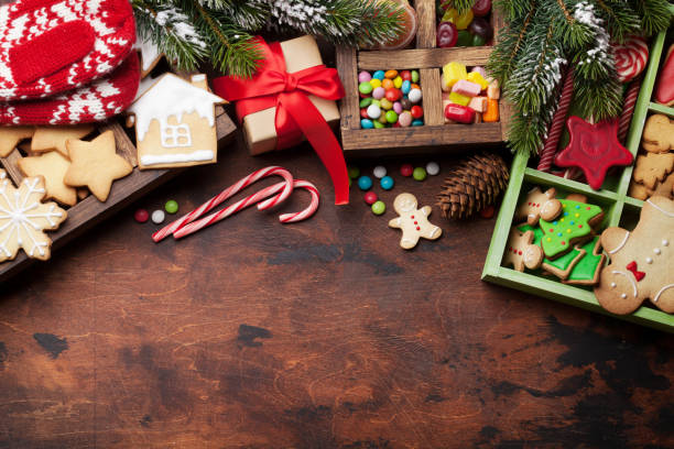 istock Christmas greeting card with gingerbread cookies and sweets 1177020345