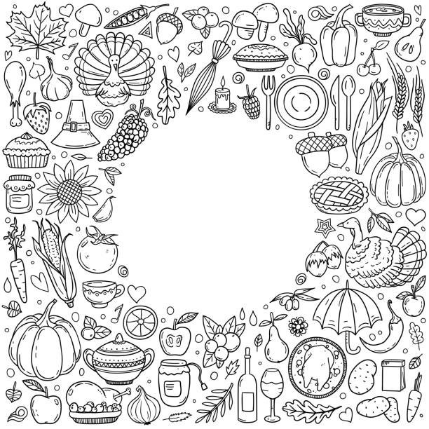 ilustraciones, imágenes clip art, dibujos animados e iconos de stock de acción de gracias varios símbolos y objetos dispuestos como marco - thanksgiving fruit cornucopia vegetable