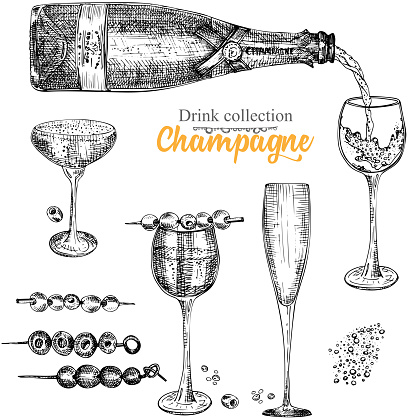 Set hand drawn sketch bottle and glasses champagne, Vintage design bar, restaurant, cafe menu on white background. Graphic vector art Creative template for flyer, banner, poster Engraving style