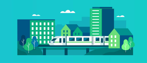 city Modern city center with train, buildings and private houses. Subway train rides at railway station. Urban minimal geometric landscape. Cityscape scene. Flat cartoon vector illustration. public transportation illustrations stock illustrations