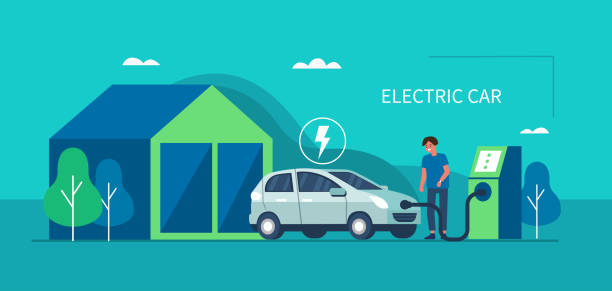 electric car Man character standing near electric recharge station and charging an electric car battery. Modern hybrid Auto. New alternative Energy vehicle. Futuristic transport concept. Flat vector illustration. motor living stock illustrations