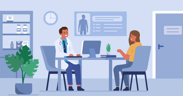 doctor and patient Woman talking with man doctor in his office. Patient having consultation with doctor therapist in hospital. Male and female medical people characters. Flat cartoon vector illustration. doctors office stock illustrations