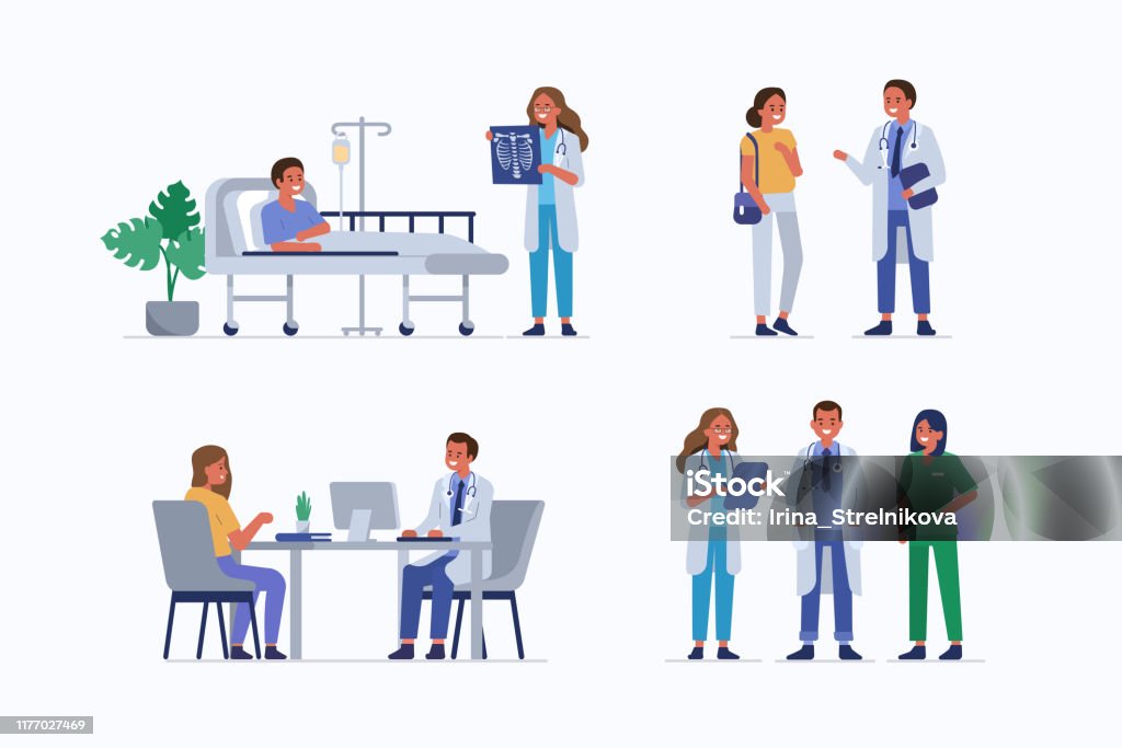 doctors with patients Medical staff and patients. Female doctor check patients x-ray in clinic. Male doctor therapist consulting woman. Healthcare team in hospital. Medical People characters set. Flat vector illustration. Doctor stock vector