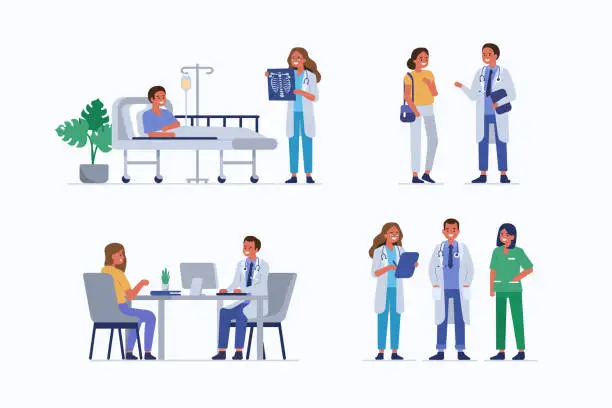 Vector illustration of doctors with patients