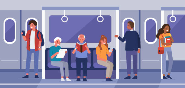 people in subwa People travel  by underground train. Male and female characters sitting on chairs in metro wagon. Passengers in subway. Public transportation concept. Flat cartoon vector illustration. standing on subway platform stock illustrations