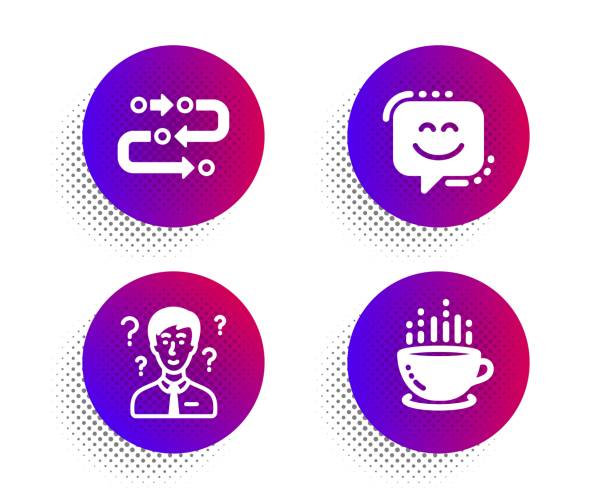 ilustraciones, imágenes clip art, dibujos animados e iconos de stock de metodología, cara de sonrisa y conjunto de iconos de consultor de soporte. señal de taza de café. vector - coffee cup coffee cup bubble
