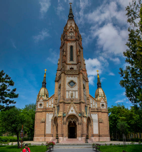 Low angle view of a cathedral in Veszprém on a sunny day.