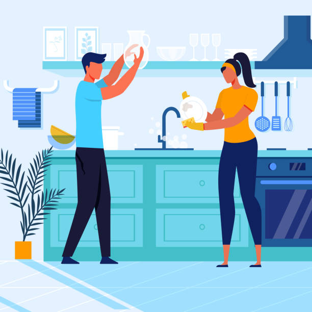 Young Couple Washing Crockery Vector Illustration Young Couple Washing Crockery Vector Illustration. Husband and Wife in Rubber Gloves Cartoon Characters. Man Holding Glass Jug, Woman Cleaning Dirty Dish. Housekeeping, Family Domestic Chores husband stock illustrations