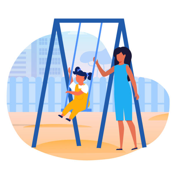 ilustrações de stock, clip art, desenhos animados e ícones de little sisters on swing flat vector illustration - family cartoon child little girls