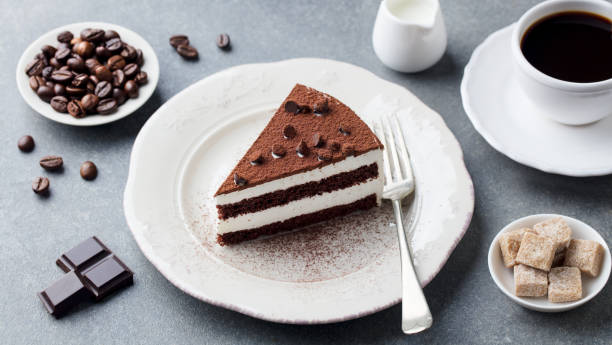 gâteau de tiramisu avec la décoration de chocolat sur une plaque avec la tasse de café. fond de pierre grise. - tiramisu dessert italian culture mascarpone cheese photos et images de collection