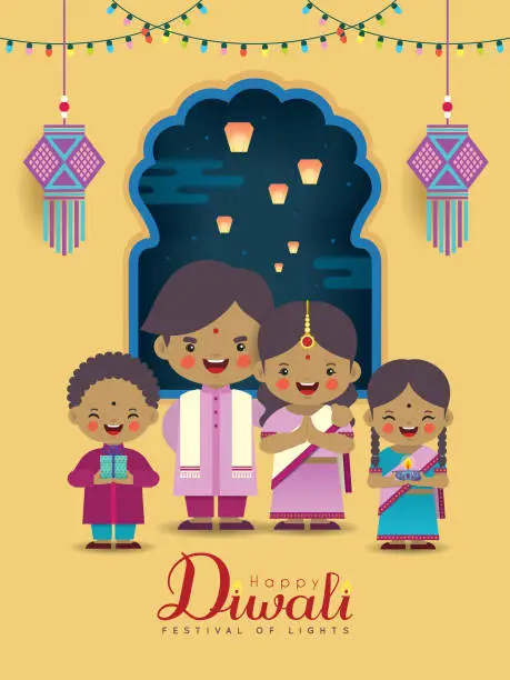 Vector illustration of Diwali or Deepavali - Cartoon Indian family celebtare festival of lights