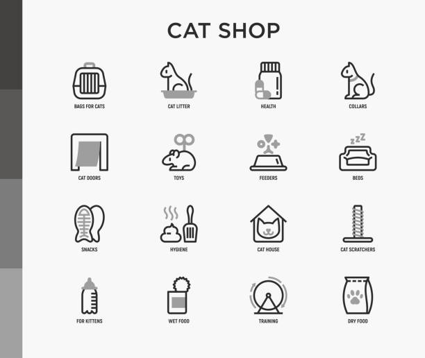 Cat shop thin line icons set: bags for transportation, hygiene, collars, doors, toys, feeders, scratchers, litter, shack, training. Modern vector illustration. Cat shop thin line icons set: bags for transportation, hygiene, collars, doors, toys, feeders, scratchers, litter, shack, training. Modern vector illustration. pet toy stock illustrations