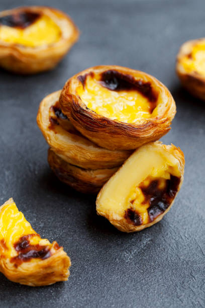 istock Egg tart, traditional Portuguese dessert, pastel de nata, pasteis. Slate background. 1177034153