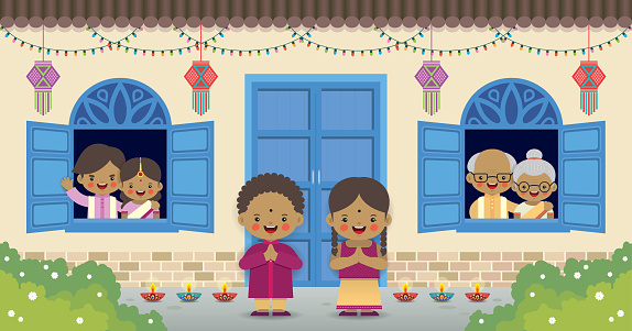Diwali Or Deepavali Cartoon Indian Family Celebrate Festival Of Lights  Stock Illustration - Download Image Now - iStock