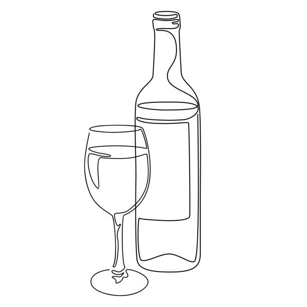 Continuous line drawing. Bottle and glass of wine. Vector illustration. Continuous line drawing. Bottle and glass of wine. Vector illustration wine bottle illustrations stock illustrations