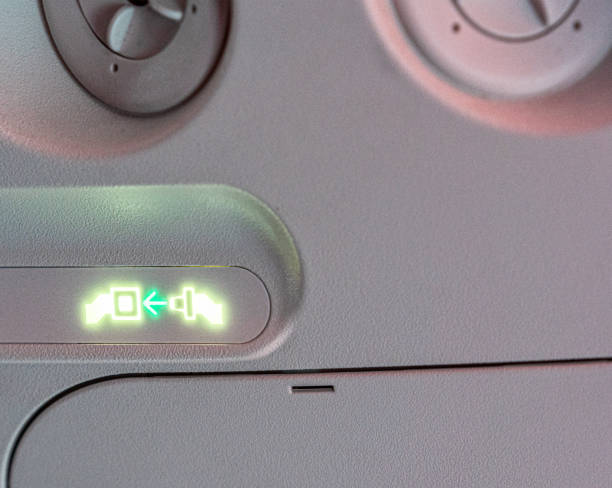 istock Illuminated seat belt sign on airplane journey 1177035884