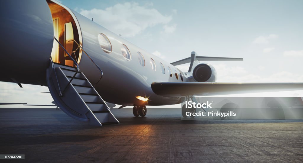 Nahaufnahme von Business-Jet-Flugzeug geparkt an der Außenseite und warten vip Personen. Luxustourismus und Business-Reise-Transport-Konzept. 3D-Rendering. - Lizenzfrei Flugzeug Stock-Foto