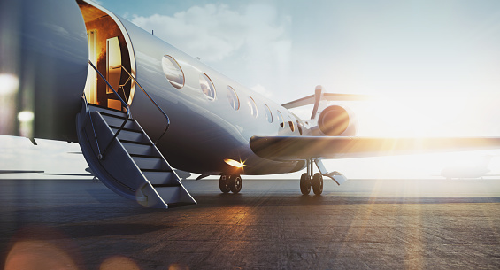 Business jet airplane parked at outside and waiting vip persons. Luxury tourism and business travel transportation concept. Flares. 3d rendering.
