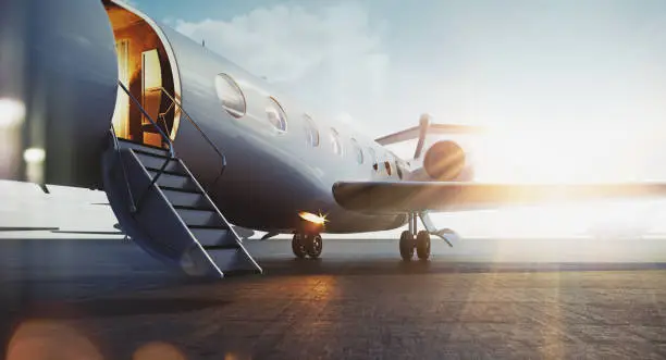 Business jet airplane parked at outside and waiting vip persons. Luxury tourism and business travel transportation concept. Flares. 3d rendering