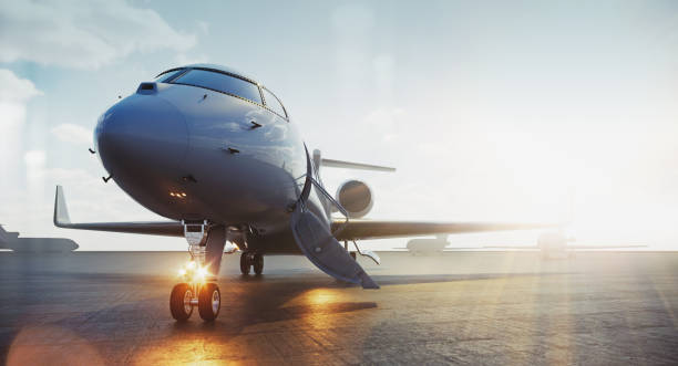 business-jet-flugzeug geparkt vor der außenseite und warten vip personen. luxustourismus und business-reise-transport-konzept. flares. 3d-rendering. - vehicle interior corporate jet jet private airplane stock-fotos und bilder