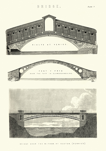 Vintage engraving of Architecture, Bridges, Rialto, Venice, Pont-y-pryd over the river Taff, Bridge over the river Witham at Boston Lincolnshire. 19th Century