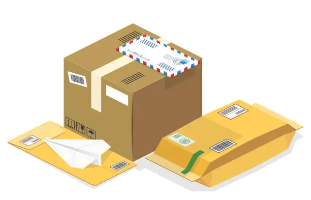 Vector illustration of Vector isometric postal parcels, mails