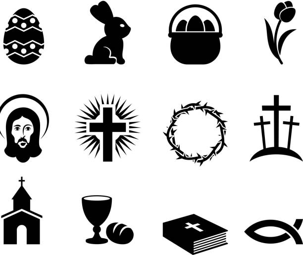 illustrazioni stock, clip art, cartoni animati e icone di tendenza di durante le vacanze di pasqua in bianco e nero set icone vettoriali royalty-free - cross cross shape religion easter