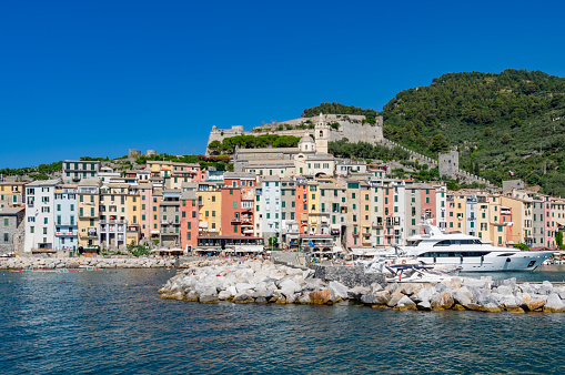 Portovenere, La Spezia, Liguria, Italy - 3 August 2015: City view of Portovenere from the sea.