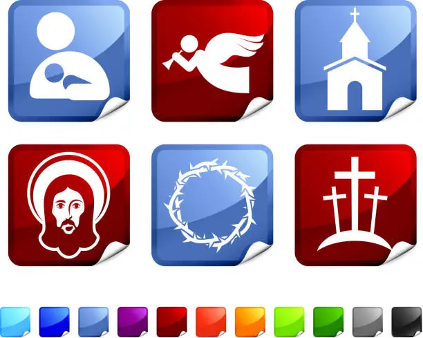 Vector illustration of Six, square blue and gold sticker with a Christianity theme.