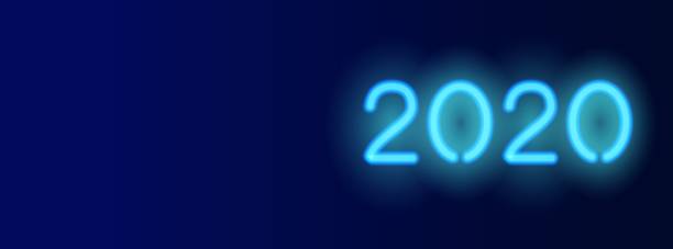 istock 2020 vector horizontal banner. Dark blue background with realistic 2020 neon symbol. New Year greeting card 1177043287