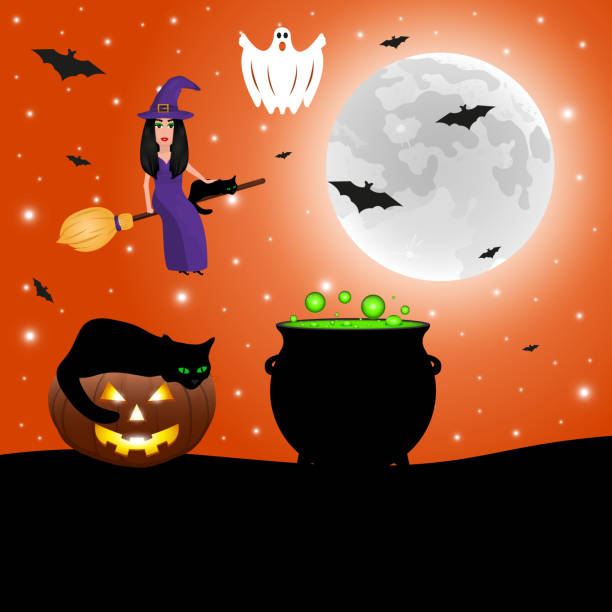 ведьма с кошкой на метле на хэллоуин на фоне луны с летучими мышами. - kitchen utensil gourd pumpkin magical equipment stock illustrations