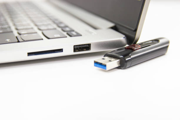 istock flash drive with laptop computer for conncet to USB port plug-in Laptop 1177049348