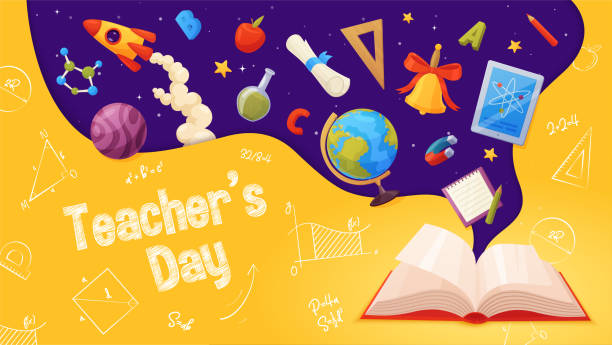 ilustrações de stock, clip art, desenhos animados e ícones de teacher day banner. template for sale page design. cartoon and colorful style. open book with flying elements: rocket, school supplies, stars, letters,  ruler, notebook, pencil. - book open vector page