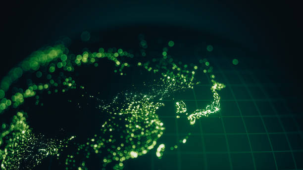 green earth city lights bokeh - ostasien (weltkarte credits an die nasa) - business green finance world map stock-fotos und bilder