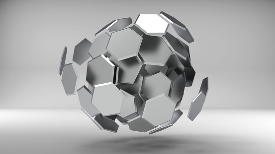 futuristic steel hexagons soar in an orbit in the shape of a ball abstract 3d figure rendering