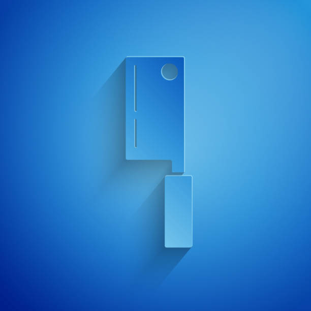 istock Paper cut Meat chopper icon isolated on blue background. Kitchen knife for meat. Butcher knife. Happy Halloween party. Paper art style. Vector Illustration 1177056269