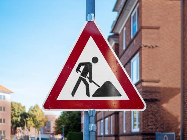 istock Road sign construction site mounted to block the road 1177059051