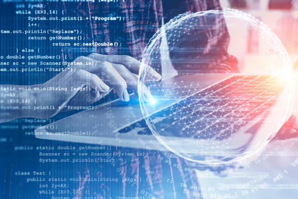 istock Woman with laptop, code and planet hologram 1177059131