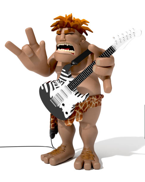 istock funny prehistoric man playing electric guitar over white background 1177059440