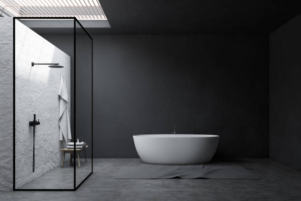 istock Gray bathroom interior, shower and tub 1177060419
