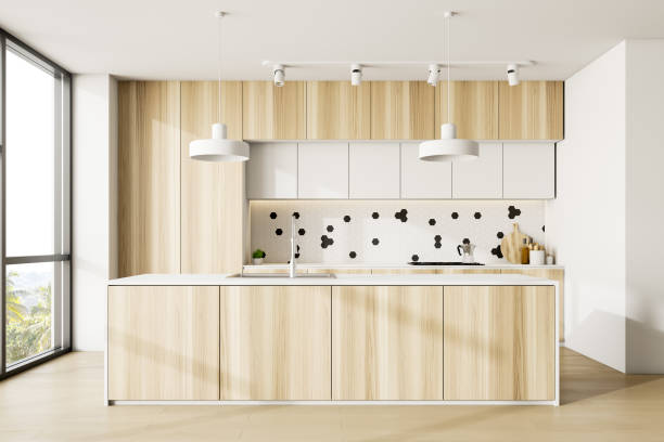 istock Wooden kitchen interior with island 1177060427