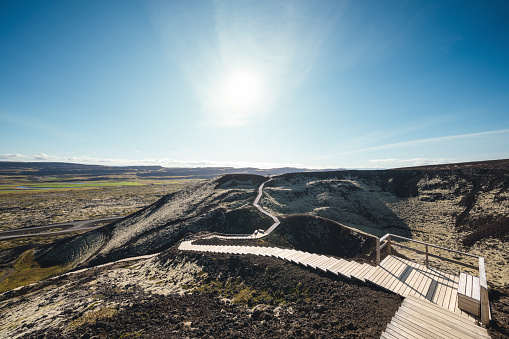 Footpath over volanic crater Grabrok in Iceland.