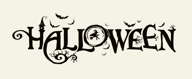 Halloween horizontal banner with vector logo. The inscription with ominous tree branches, bats and a pretty witch on a background of the full moon. Halloween horizontal banner with vector logo. The inscription with ominous tree branches, bats and a pretty witch on a background of the full moon. halloween moon stock illustrations