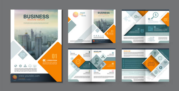 Business brochure template Business brochure template square design and graphic a4 scale, blue green and orange color theme, icon with symbol element, vector illustration flat lay stock illustrations