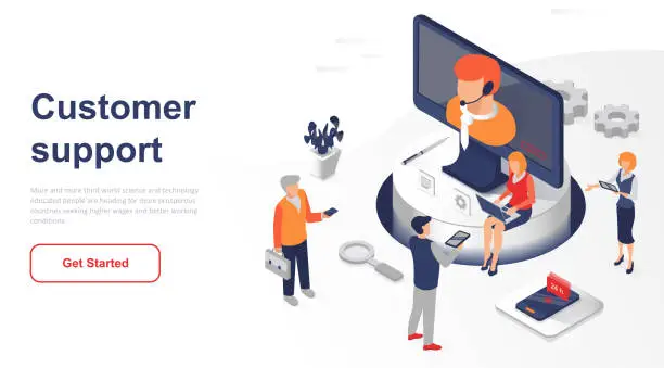 Vector illustration of Isometric landing page customer support or service flat concept