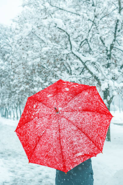istock Woman under red umbrella in snow 1177065070