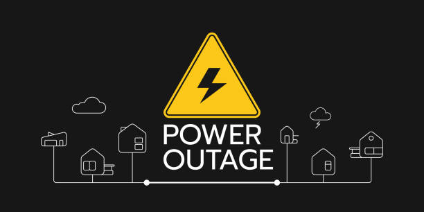 Vector illustration of the banner of a power outage with a warning sign and the outline icons of houses these are on the black background. The power outage banner with a warning sign the one is on the solid black background also there are the outline icons of houses connect each other. blackout stock illustrations