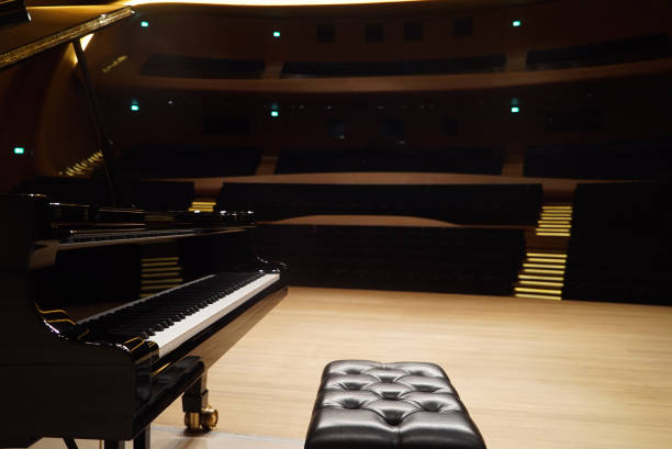 グランドピアノとコンサートホールの座席、クローズアップ。 - piano piano key orchestra close up ストックフォトと画像
